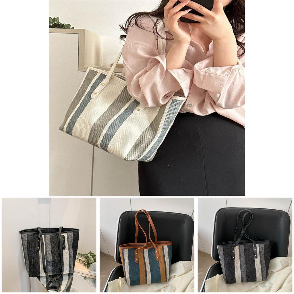 Large Capacity Striped Shoulder Bag Women Summer 2023 New Trendy Fashion Handbag Casual Tote Bag