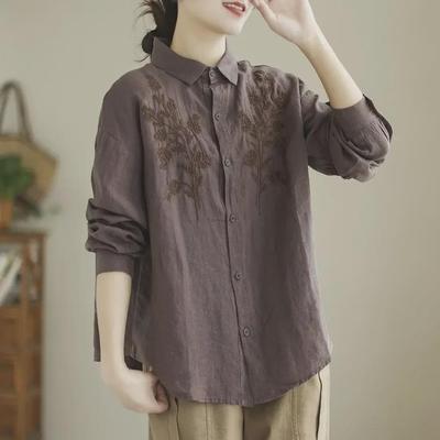 2024 Women's Retro Embroidered Lapel Long Sleeve Linen Top