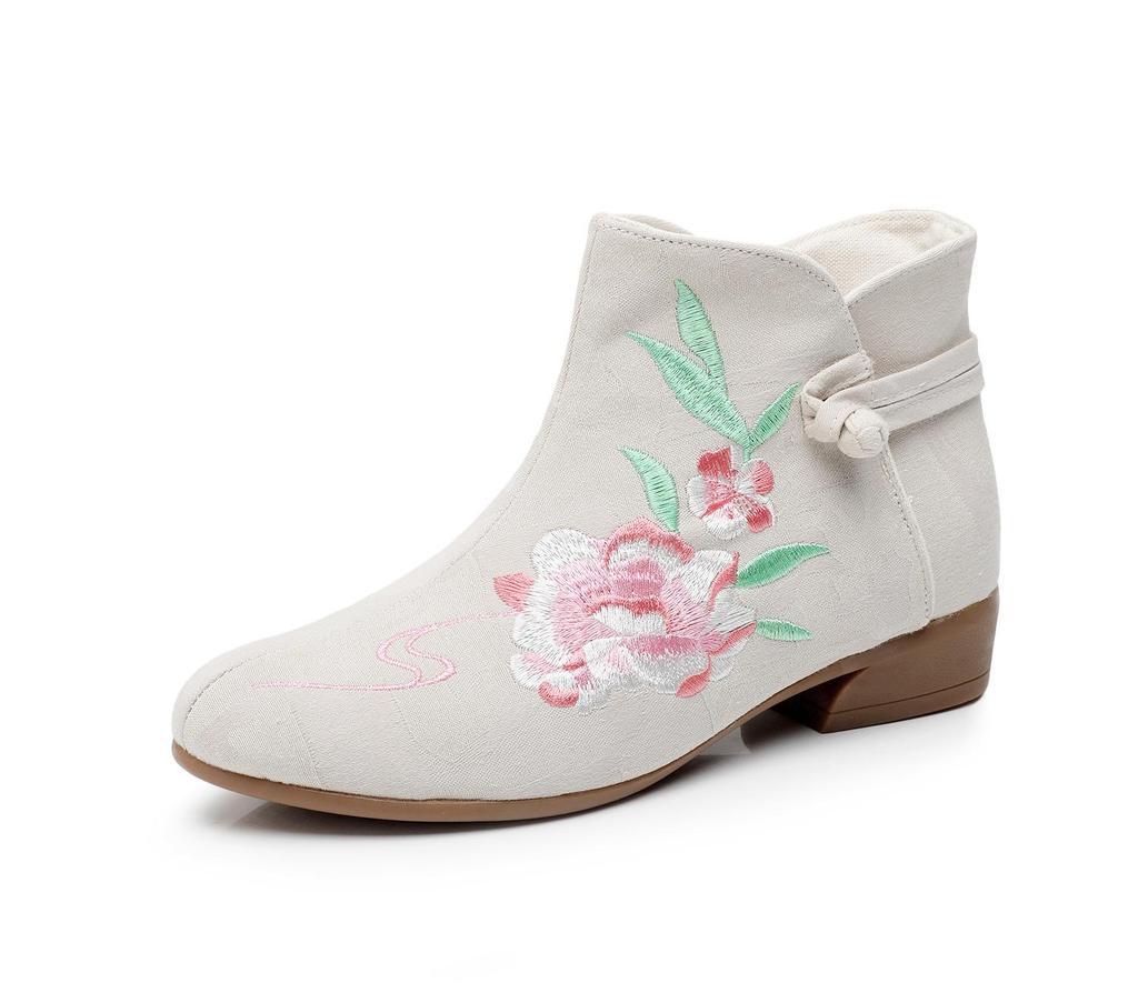 2025 Autumn/Winter Retro Ethnic Embroidered Chunky Heel Mid-Calf Women's Ankle Boots