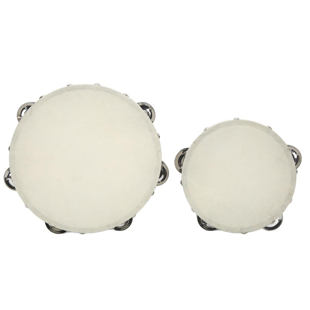 2PCS Wooden Hand Drum Double Row Metal Jingle Bells Sheepskin Percussion Tambourine 6in 8in