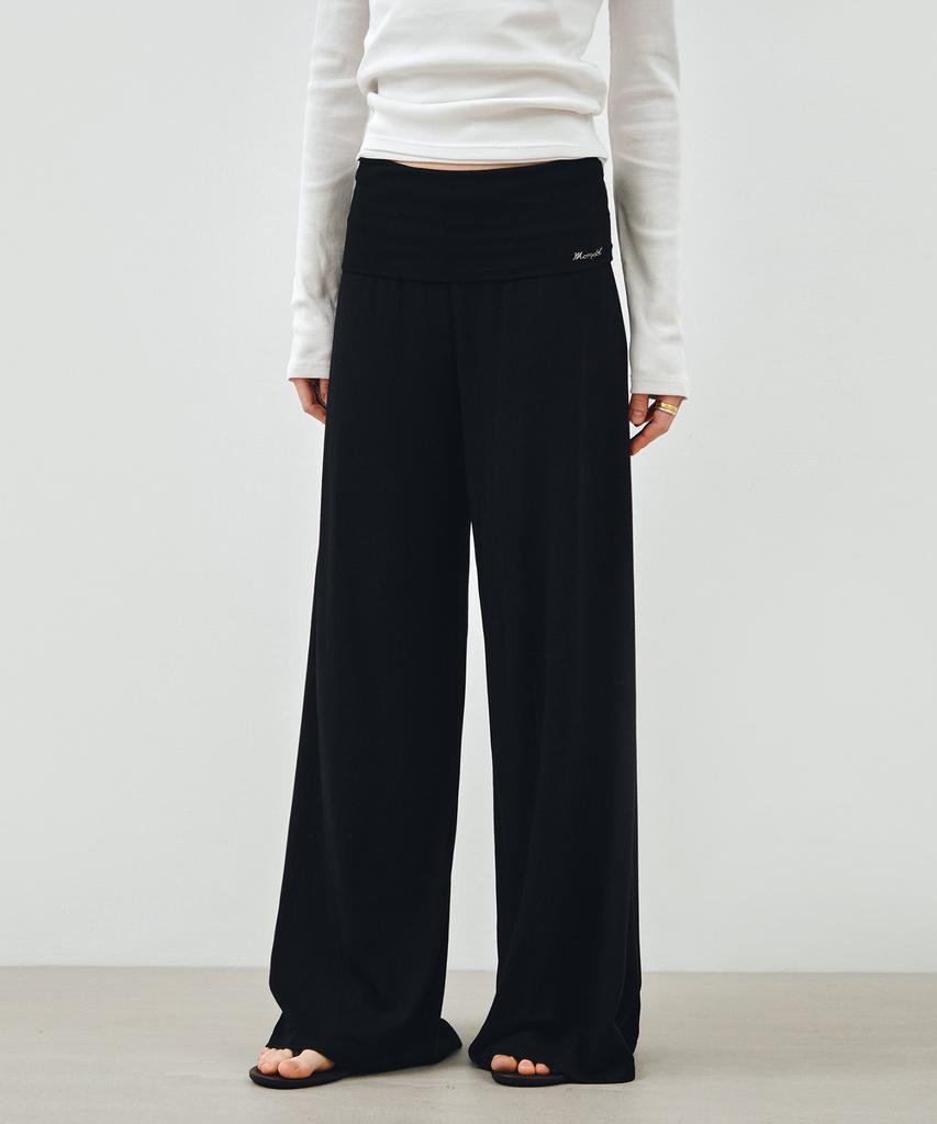Mongdol Foldable Elastic Waist Wide Pants Black Mdpt083Black
