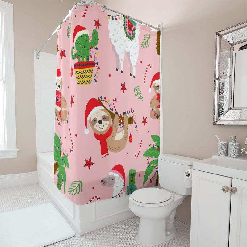 TU Cute Sloth Christmas Shower Curtain Holiday Forest Animals Bathroom Decor Festive Waterproof Fabric Washable Home Accent