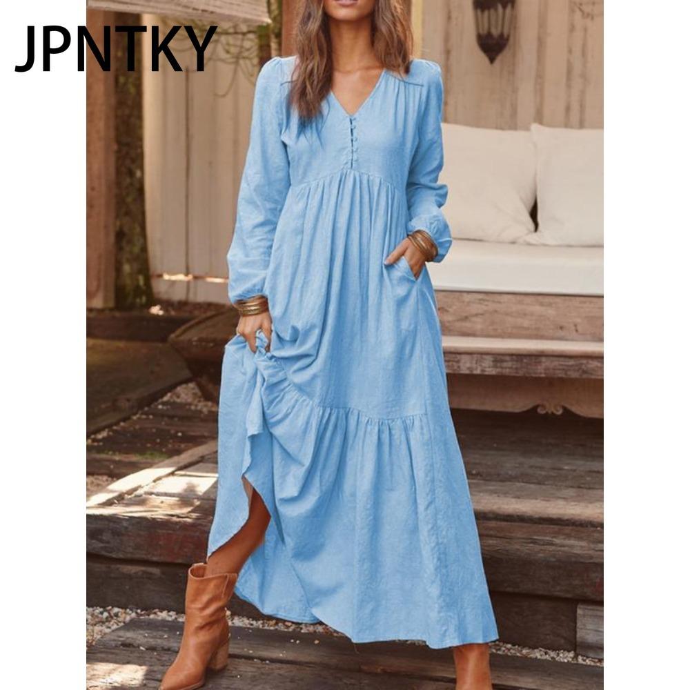 JPNTKY Women's Cotton Maxi Dress Long Sleeve Ruffle Pocket
