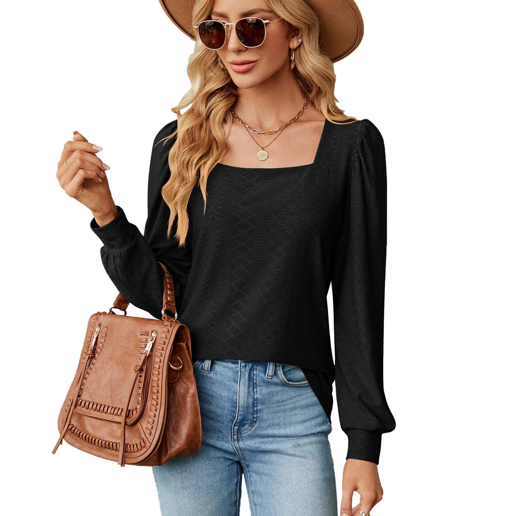 

Women s Square Neck Jacquard Blouse 2025 Fall Winter Long Sleeve Loose Fit Casual Top S чорний