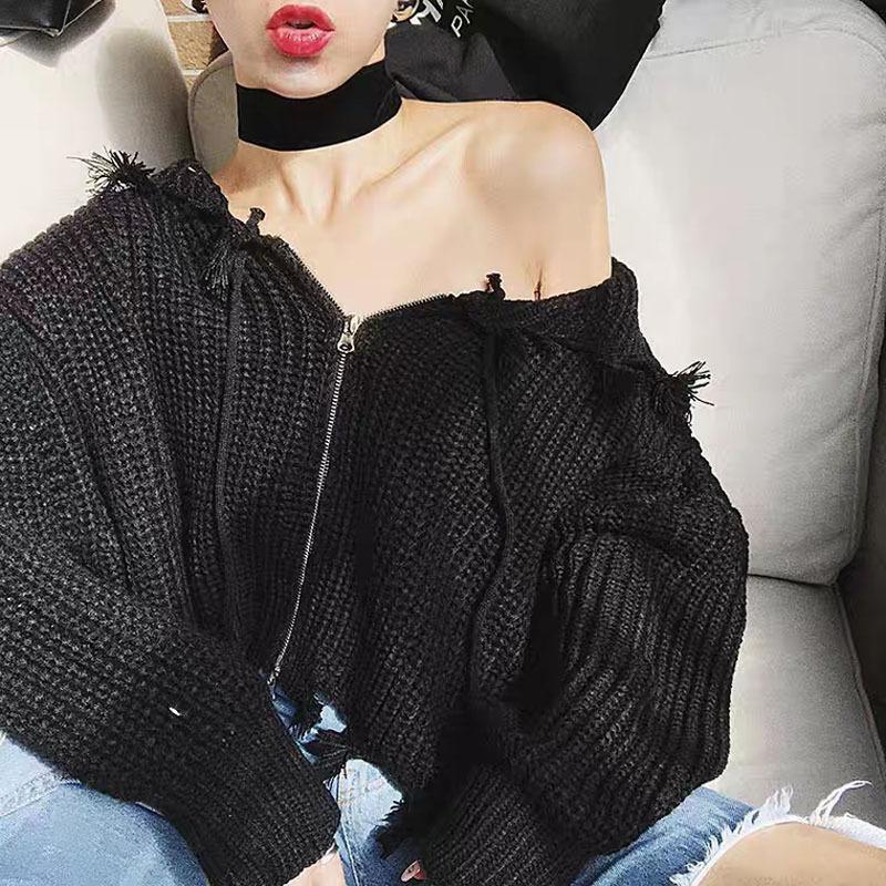 Damen Kapuzen-Strickjacke mit Quasten Reißverschluss Pullover Lässige Langarm-Strickjacke