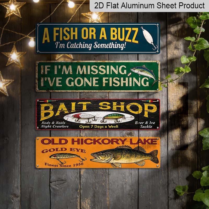 2D Flat 4Pair/Set Rustic Fishing Quote Aluminium Decorative Sign, Bass Fish Fishing Lure Vintage Aluminum Wall Plaque, Farmhouse Cabin Man Cave