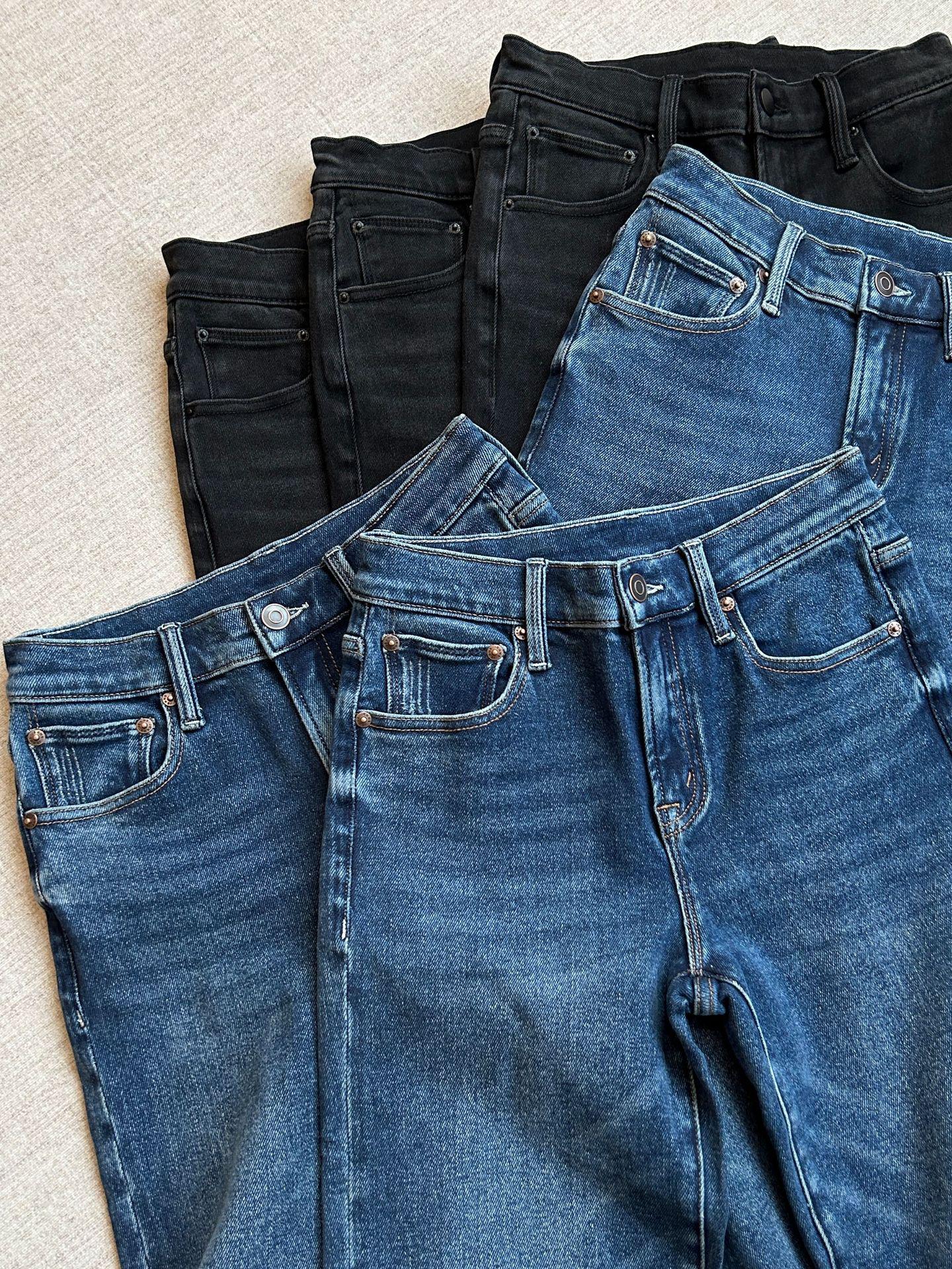 

High-Waisted Elastic Straight-Leg Jeans for Autumn/Winter Large синий