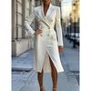 Vestido Blazer Midi Feminino de Botão Duplo Manga Longa Gola Lapela Decote V Fenda Frontal Vestido de Escritório