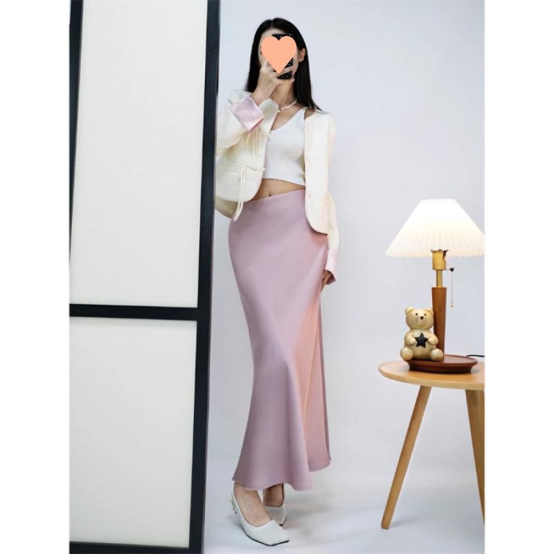 Women's High-Waisted Satin Midi Pencil Skirt, Slim-Fit Fishtail Design, 2025 Spring/Summer Collection