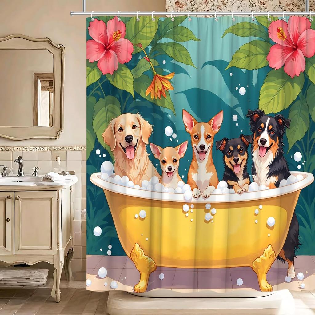 GAEFunny Dogs Shower Curtain Cute Puppy in Bathtub Bubble Tropical Pink Floral Green Leaves Lovely Pets Watercolor Jungle Natu