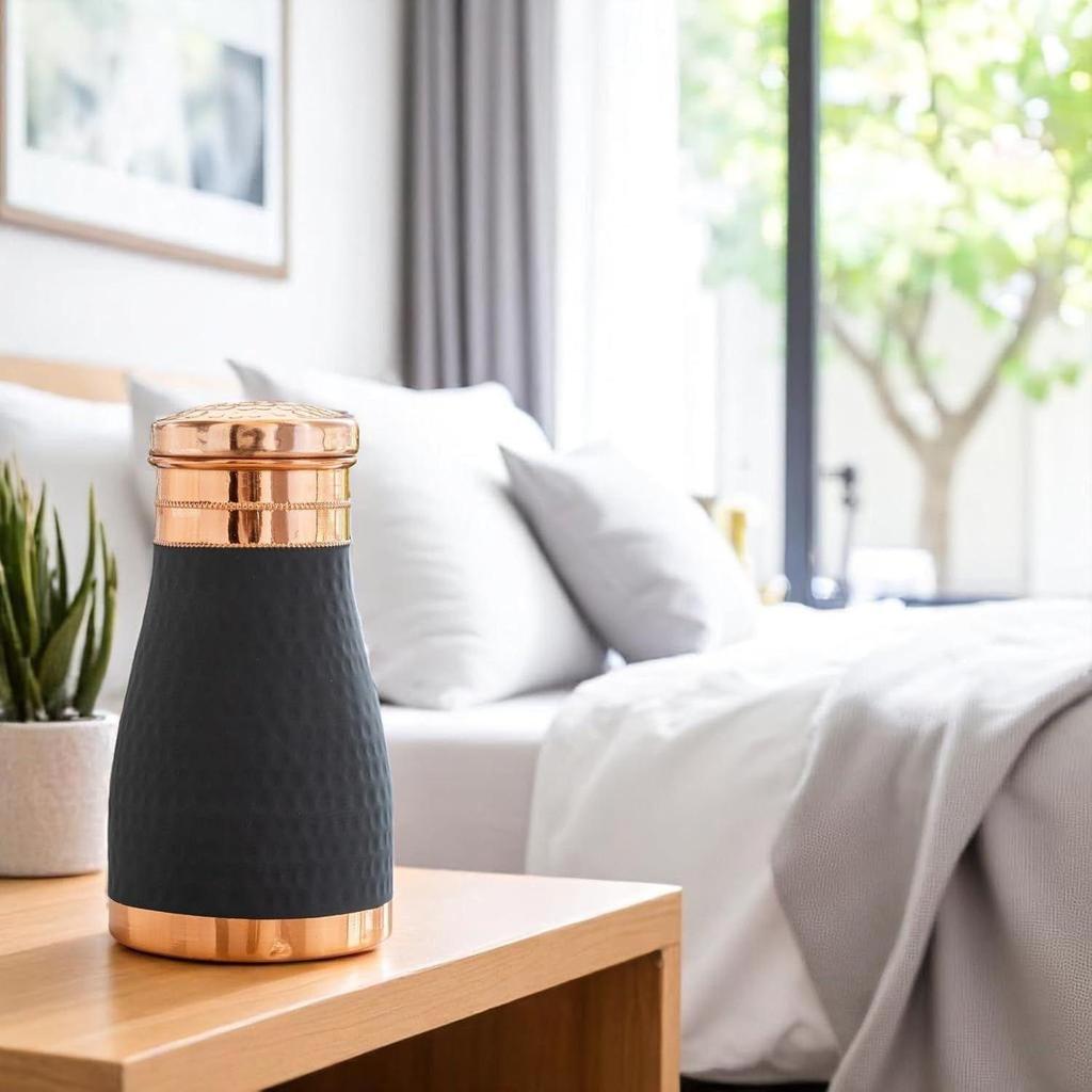 Pure Copper Bedroom Bottle with Inbuilt Glass, Grey Silk Finish Hammered Design - Drinkware & Storage Purpose, Volume 900 ml