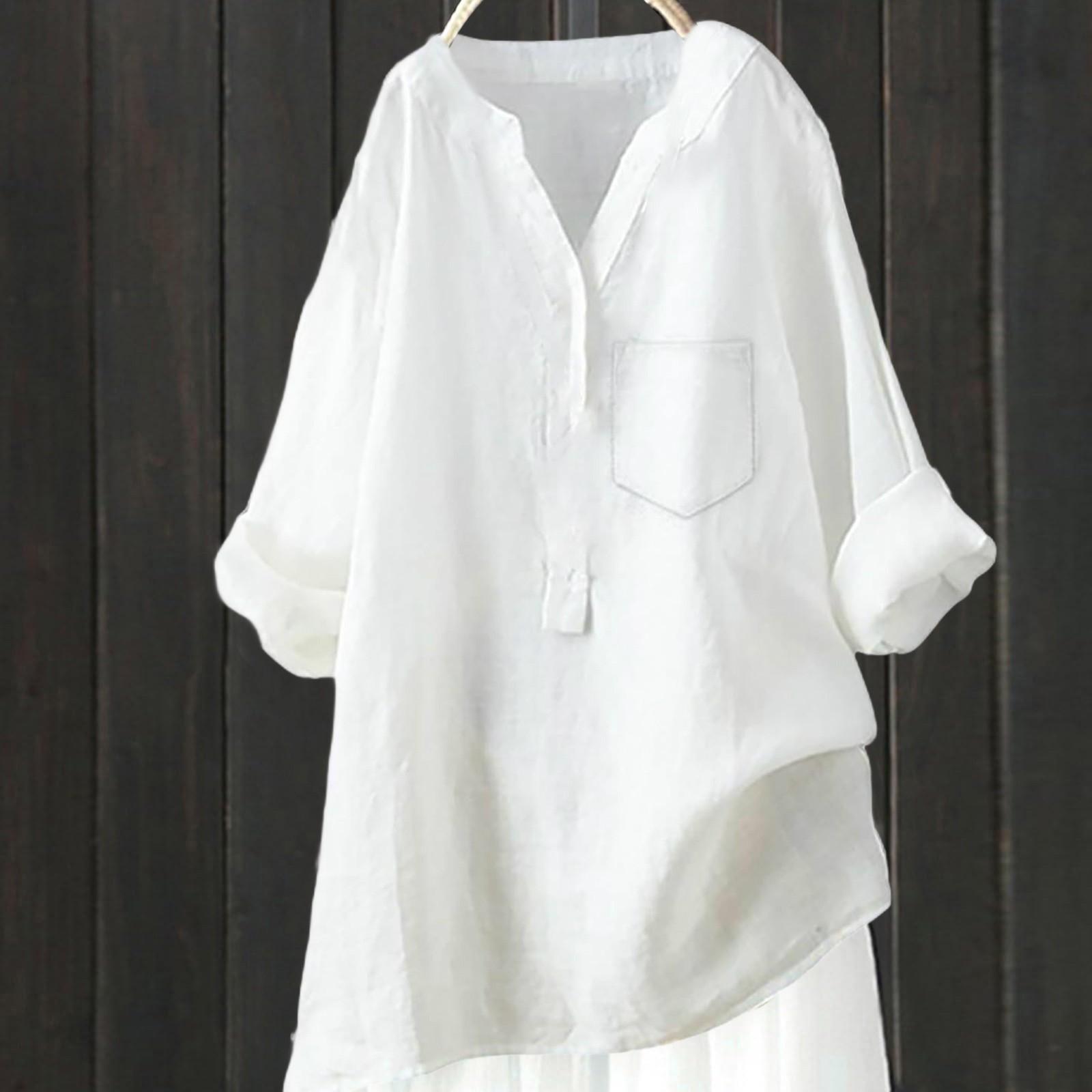 

Женский свободный однотонный топ из хлопка и льна с воротником-стойкой и длинными рукавами на пуговицах XXL белый