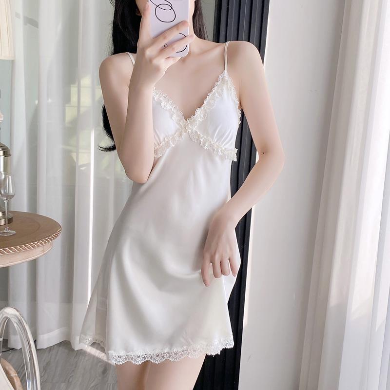 Women's Spaghetti Strap Ice Silk Pajamas with Lace Trim - Spring/Summer Nightgown & Robe Set