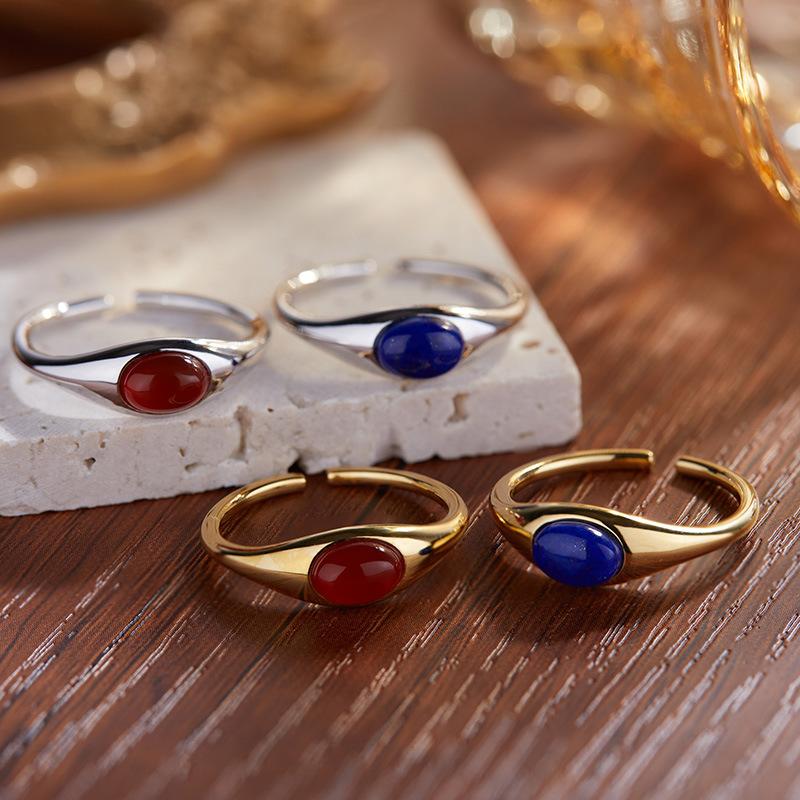 Xiaohongshu Minimalist Personalized Design S925 Sterling Silver Inlaid With Natural Agate Blue Gold Treasure Ring For Women