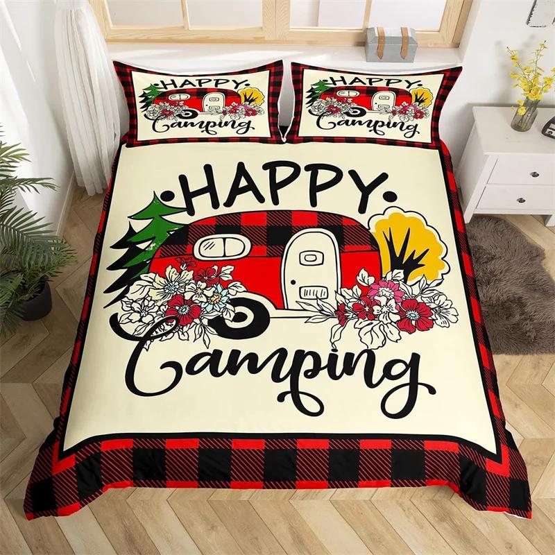 Camper Bedding Set Vintage Cabin Twin Full King Duvet Cover Cartoon Camp Travel Car Quilt Cover Farmhouse Style Comforter Cover