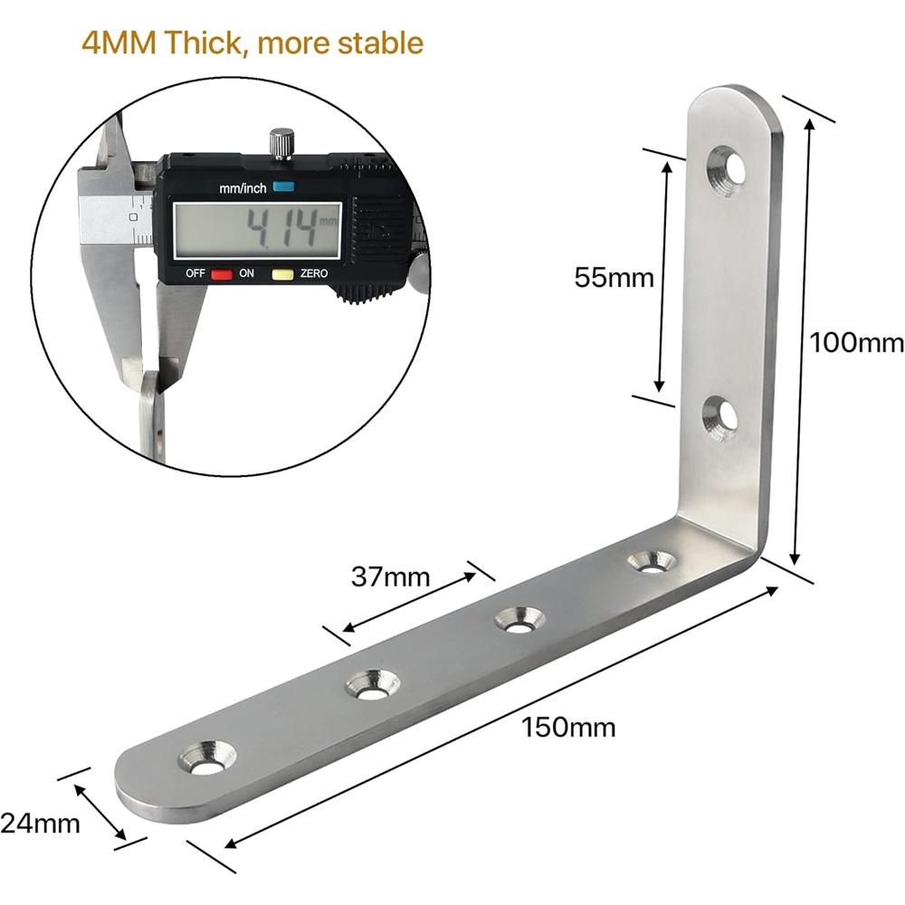 4 Heavy-duty Shelf Brackets, 4 Mm Thick, Suitable For Wall Mounting Shelves, 90-degree Angle Brackets, Suitable For Wood, Dimensions 150 Mm × 100 Mm