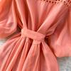 Summer Hollow Out Beaded Loose Chiffon Beach Dress Shirt Women's Puff Sleeve Lace Up Belt Holiday Party Long Robes Maxi Dress