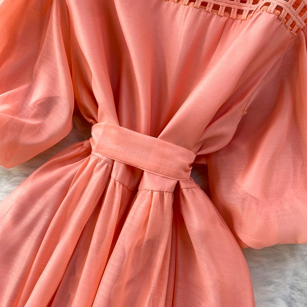 Summer Hollow Out Beaded Loose Chiffon Beach Dress Shirt Women's Puff Sleeve Lace Up Belt Holiday Party Long Robes Maxi Dress