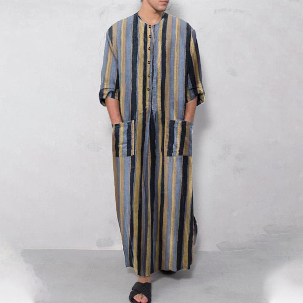 Striped Gradient Stand Collar Robe - Men's Long Sleeve Southeast Asia/Middle East Style