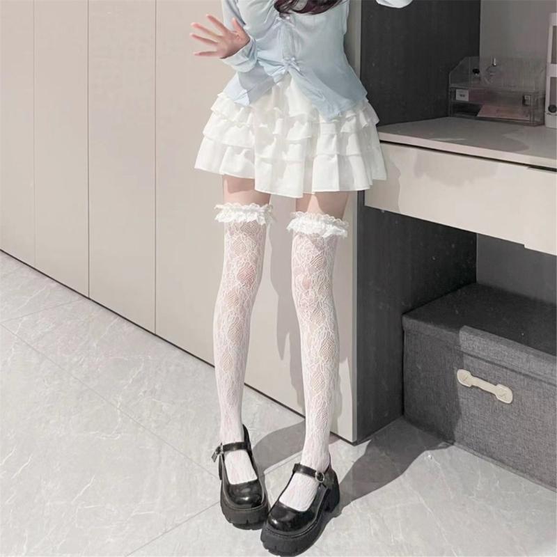 Japanese Style Fishnet Thigh Highs Stockings for Women JK Girl Flower Patterned Lace Ruffle Trim Frilly Over Knee Socks