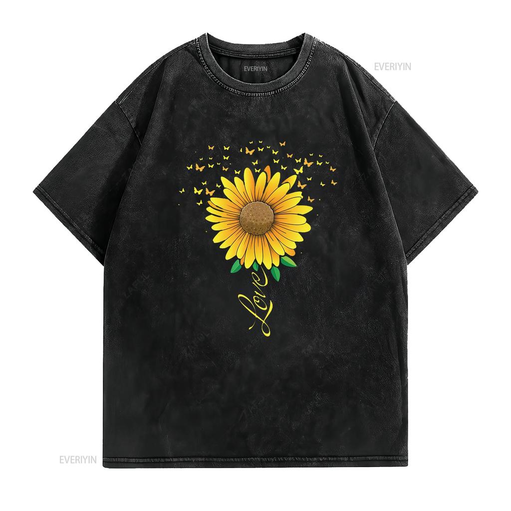 Sunflower Butterflies And Love Women s Inspirational T Shirt vintage Washed graphic Stretched Soft Stylish Casual Comfortable