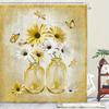 Rustic Farmhouse Blue Floral Shower Curtain, Farm Daisy Flowers and Butterfly Shower Curtain for Bathroom,   Boho Shower Curtain