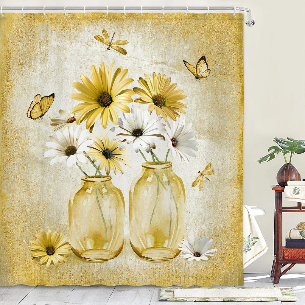 Rustic Farmhouse Blue Floral Shower Curtain, Farm Daisy Flowers and Butterfly Shower Curtain for Bathroom,   Boho Shower Curtain