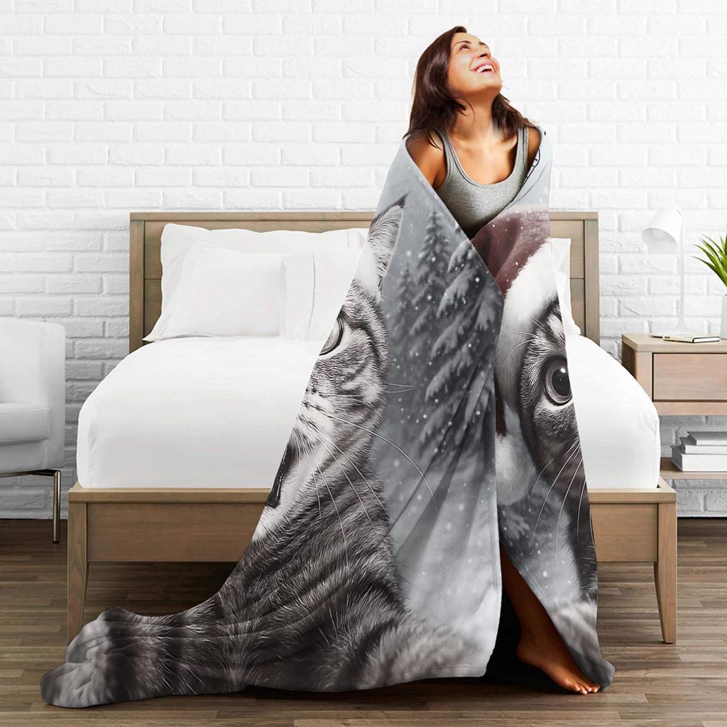 Cat Selfie with Santa Warm Blanket Girls Boys Plush Throw Blanket Fluffy Living Room Flannel Bedspread Sofa Bed Cover