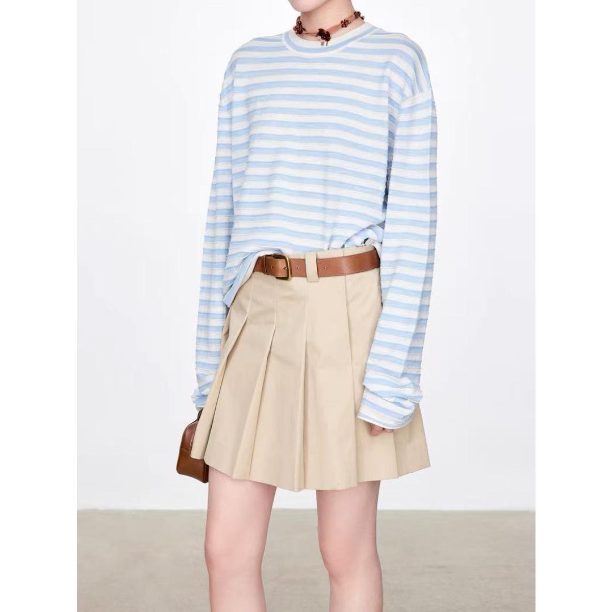 

VAYLA Petite Mulberry Silk Wool Striped Round Neck T Shirt for Women New Lazy Long Sleeved Top L