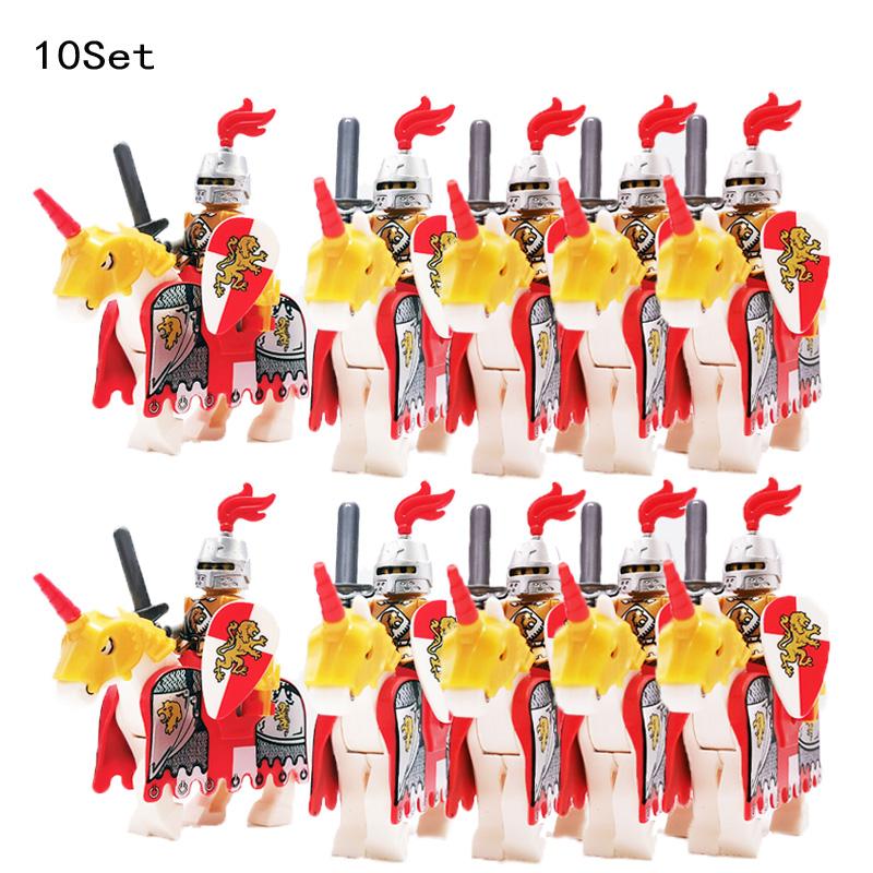 10 Sets Medieval Castle Knight Royal King's Red Dragon Black Warrior Soldier Rider with Horse Building Blocks Toys for Children