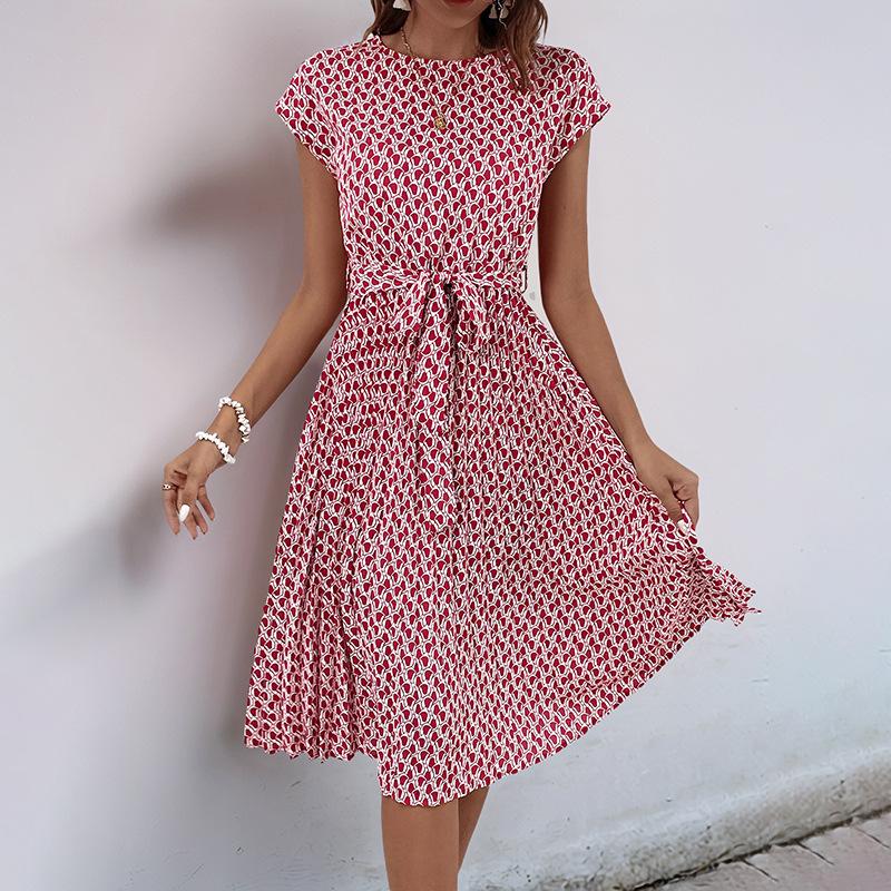 Summer Short-sleeved Lace-up Pleated Dress Amazon Temu Hot Sale Fashionable Women's Clothing Elegant Temperament Simple Skirt
