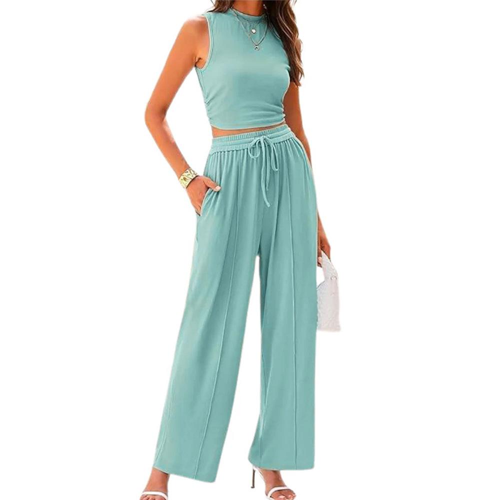 Women's Olive Green Sleeveless High Neck Crop Top with Wide Leg Pants Two-Piece Set