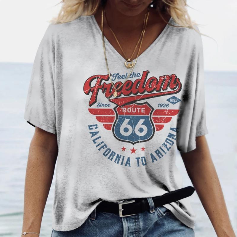 Print Women's V-Neck T-shirts Casual Lady Short Sleeve Oversized Pullover Fashion Tops Women Clothes