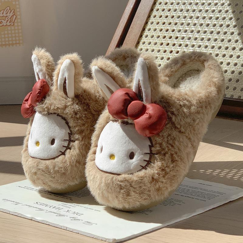 New Cute Rabbit-eared Cat Bow Plush Slippers Winter Indoor Household Plush Warm Non-slip Cotton Slippers