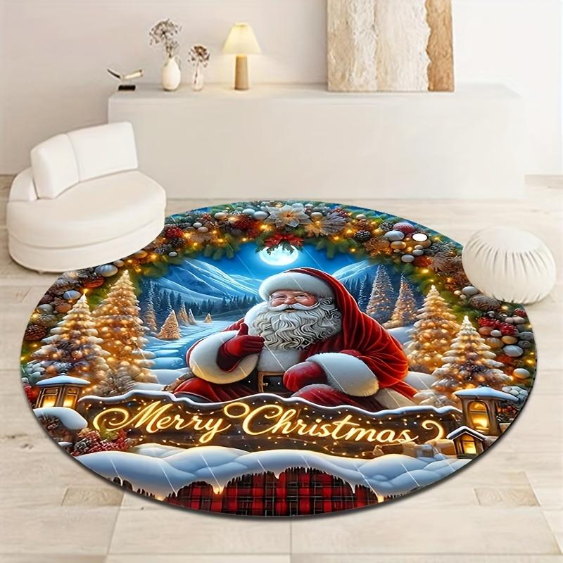 1Pcs Christmas Santa Print Round Area Rug Indoor Non-Slip Washable Fiber Carpet Soft Comfortable Mat For Bedroom Living Room