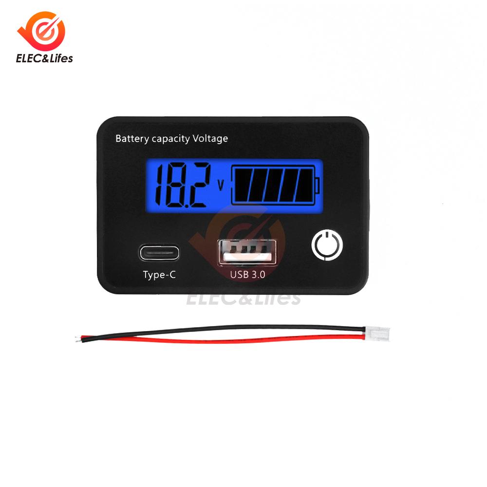 DC 8-11V USB1.1+Tpye-C Lead Acid Lithium Battery Capacity Indicator Car Motorcycle Digital Voltmeter Voltage Tester Meter Tool