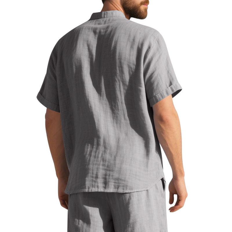 Herr sommar lös passform linne t-shirt enfärgad Henley-hals strand kortärmad skjorta