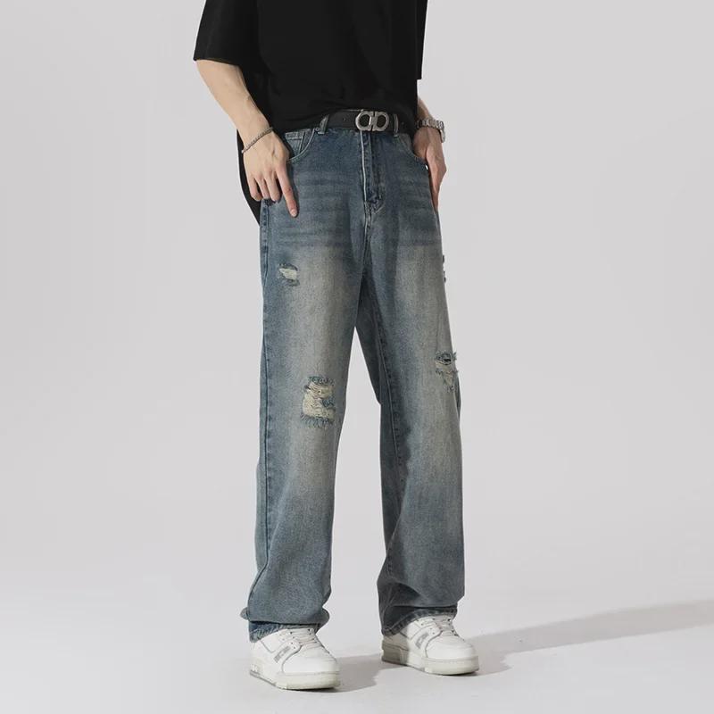 LKTM Pánské roztrhané džíny: Letní nový styl, retro praný, americký trend, rovný střih.
