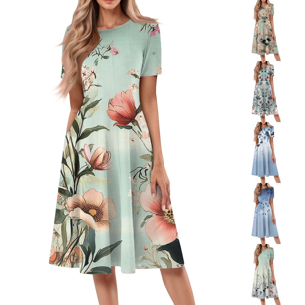 Women's Casual Fashion Round Neck Short Sleeve Print Midi Dress