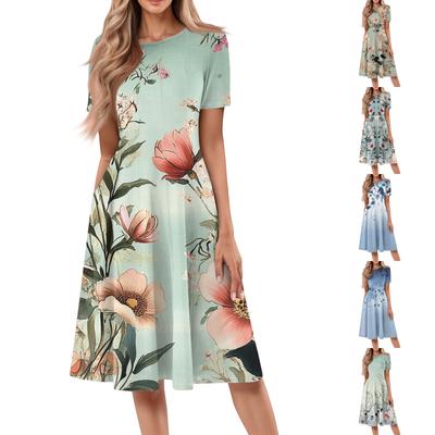 Robe mi-longue décontractée à imprimé à manches courtes et col rond pour femme