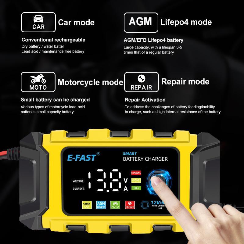 E-FAST 12V Lithium & Lead-Acid Car/Motorcycle Battery Charger with Color Screen