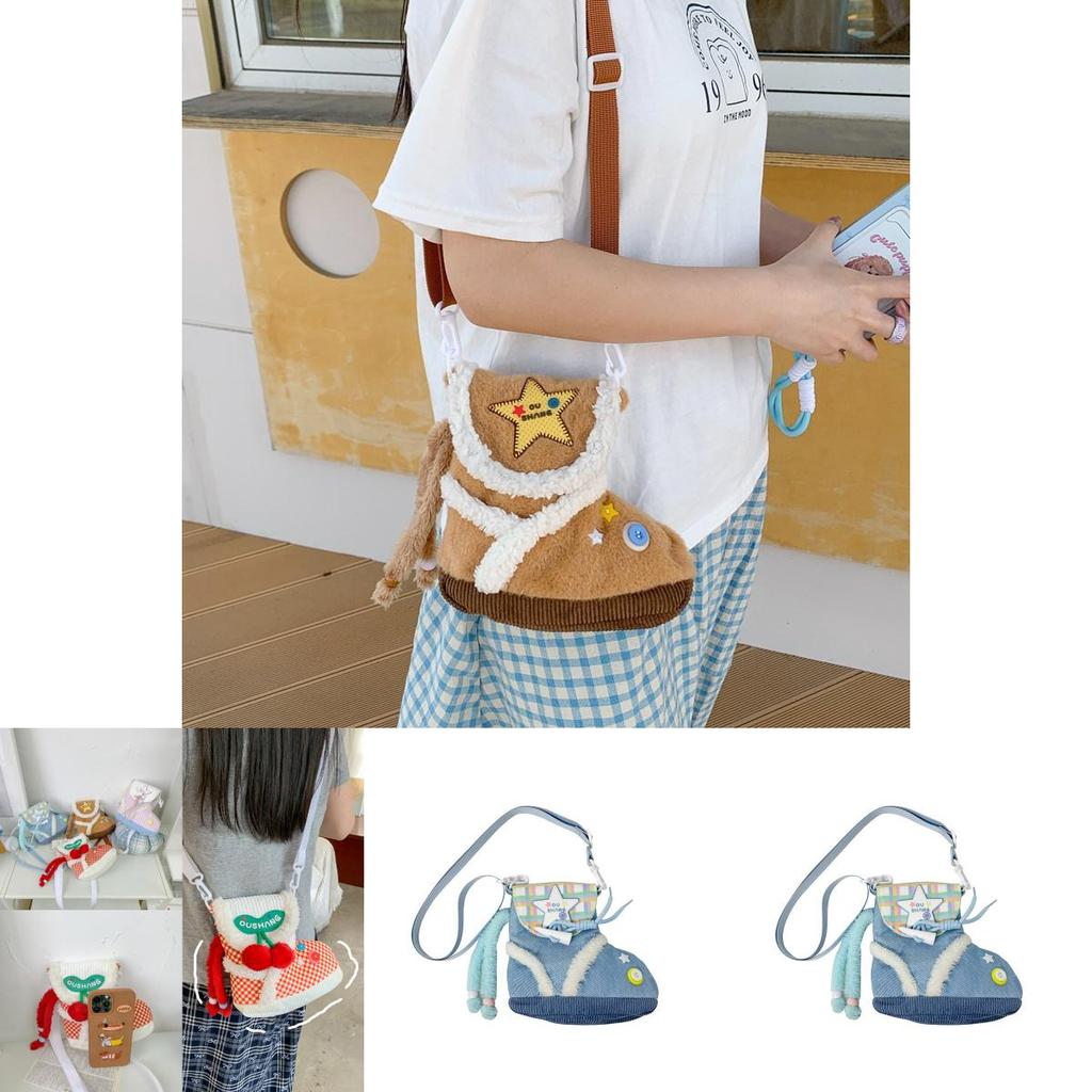 Plush Cartoon Shoe Shaped Shoulder Bag For Girls With Zipper Closure And Inner Pouch