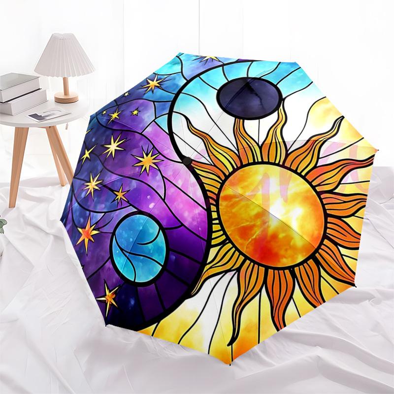 1 Stück Buntglas Yin Yang Sonne Mond Sterne Automatisches Öffnen Schließen Regenschirm, Tragbares Dreifach faltbares Design mit 8-Speichen-Eisenrahmen, Outdoor-Regenschirm, Festivalgeschenk f