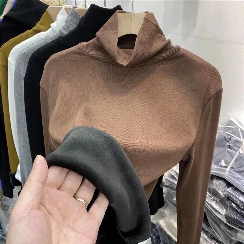 

Теплый трикотаж, плюшевая утолщенная водолазка, базовая рубашка, женский пуловер, тонкий топ с длинными рукавами, простой повседневный новый модный осенне-зимний вариант XL 55-60kg кофейный