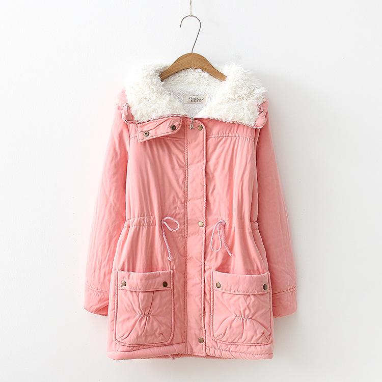 Autumn and Winter Mid-length Tooling Cotton-padded Jacket Women's Drawstring Waist Lamb Velvet Thick Warm Jacket
