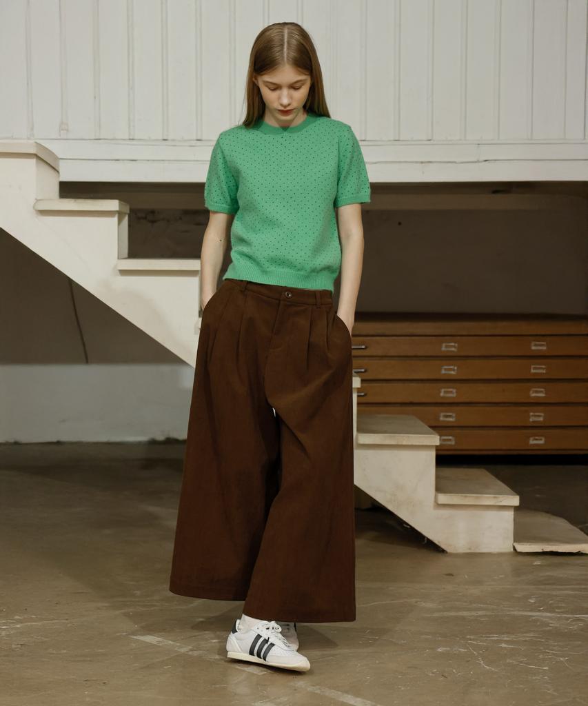 Waiowai Corduroy Tuck Brushed Wide Elastic Pants_Brown