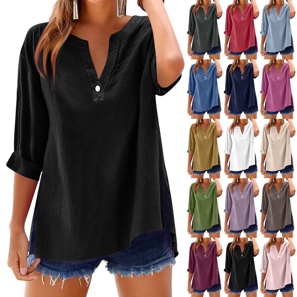 Women's Fashion Loose Standing Collar Button Split Cotton Linen Seven Sleeve T-Shirt Top