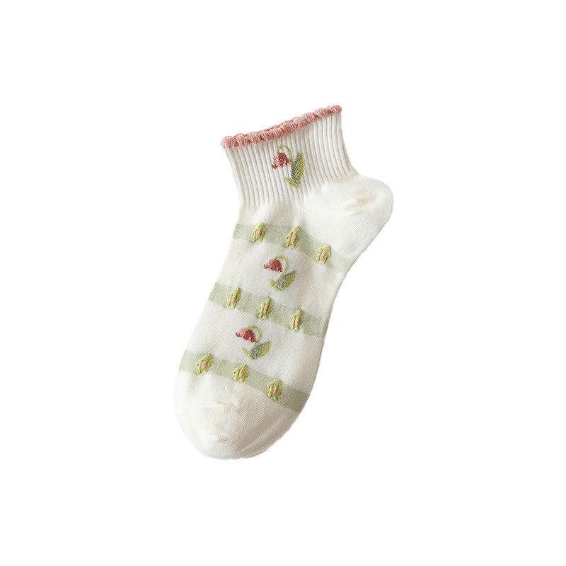 Women's Spring and Summer White Japanese-Style Cartoon Tulip Short Socks.