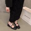 Silver square head single shoes women's 2025 new spring and autumn with skirt French evening breeze flat bottom light mouth Mary Jane small leather 