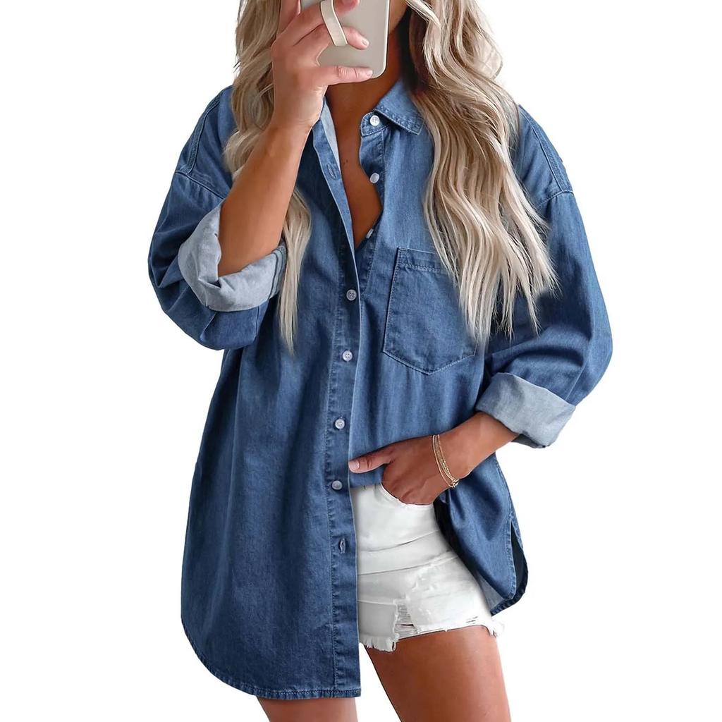 Women Denim Shirts Button Down Blouse Long Sleeve V Neck Casual Tops Comfy Long Shirt for Women